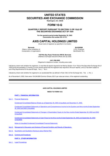 Miniature AXIS Capital
 10-Q Rapport trimestriel  