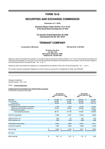 Thumbnail Tennant Company
 10-Q Quarterly Report FY 