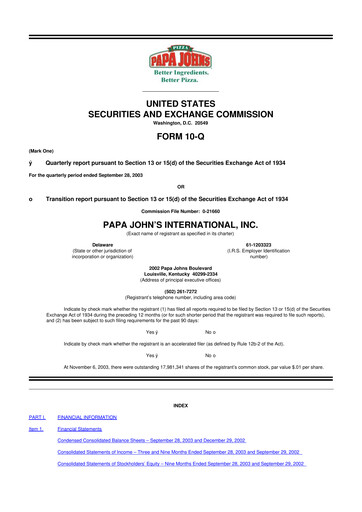 Thumbnail Papa John's Pizza
 10-Q Quarterly Report FY 