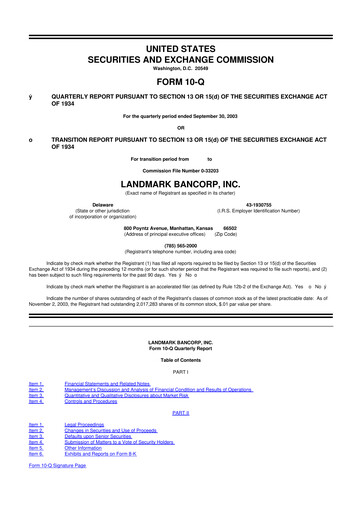 Miniature Landmark Bancorp 10-Q Rapport trimestriel  