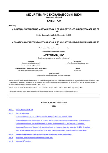 Thumbnail Activision Blizzard 10-Q Quarterly Report FY 