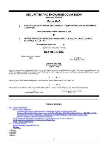 Thumbnail SkyWest 10-Q Quarterly Report FY 