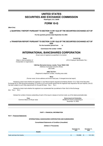 Thumbnail International Bancshares Corp 10-Q Quarterly Report FY 