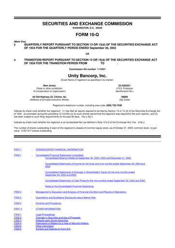 Miniature Unity Bancorp 10-Q Rapport trimestriel  