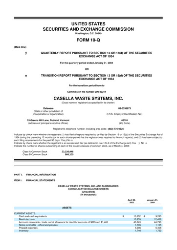 Thumbnail Casella Waste Systems
 10-Q Quarterly Report FY 