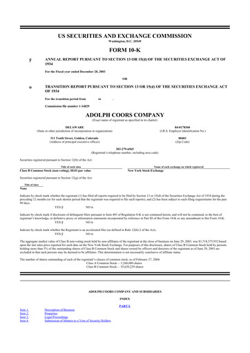 Thumbnail Molson Coors 10-K Annual Report 