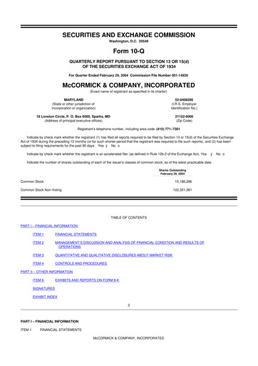 Thumbnail McCormick & Company
 10-Q Quarterly Report FY 
