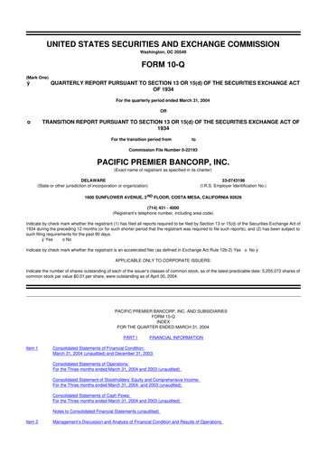 Thumbnail Pacific Premier Bancorp
 10-Q Quarterly Report FY 