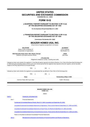 Thumbnail Beazer Homes USA
 10-Q Quarterly Report FY 