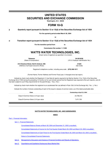 Miniature Watts Water Technologies
 10-Q Rapport trimestriel  