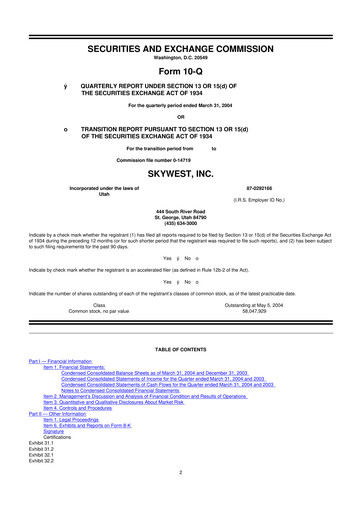Thumbnail SkyWest 10-Q Quarterly Report FY 