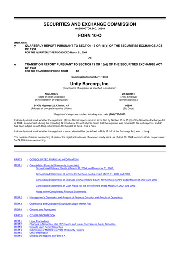 Miniature Unity Bancorp 10-Q Rapport trimestriel  