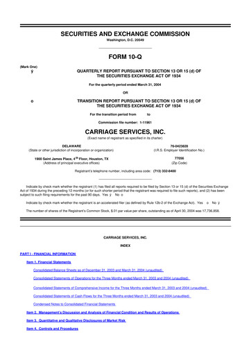 Thumbnail Carriage Services 10-Q Quarterly Report FY 