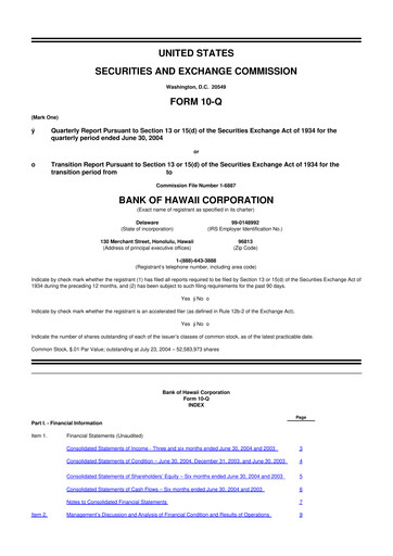Thumbnail Bank of Hawaii
 10-Q Quarterly Report FY 