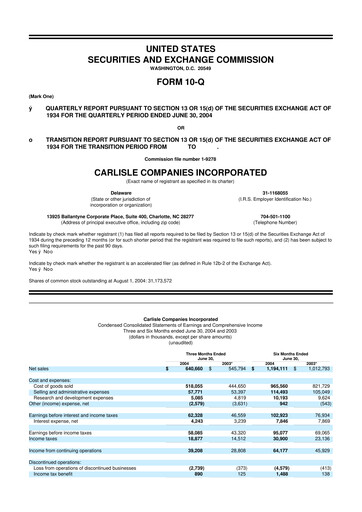 Thumbnail Carlisle Companies
 10-Q Quarterly Report FY 