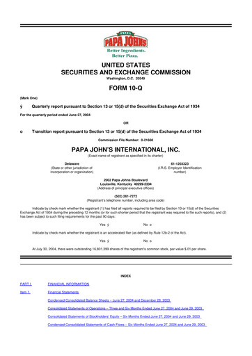 Thumbnail Papa John's Pizza
 10-Q Quarterly Report FY 