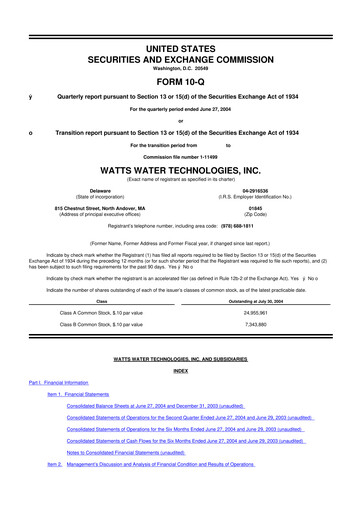 Miniature Watts Water Technologies
 10-Q Rapport trimestriel  