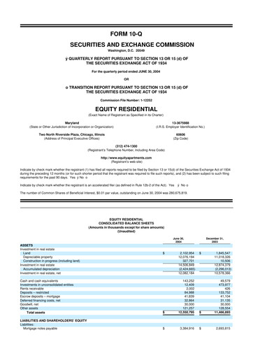 Thumbnail Equity Residential
 10-Q Quarterly Report FY 