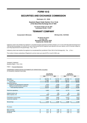 Thumbnail Tennant Company
 10-Q Quarterly Report FY 