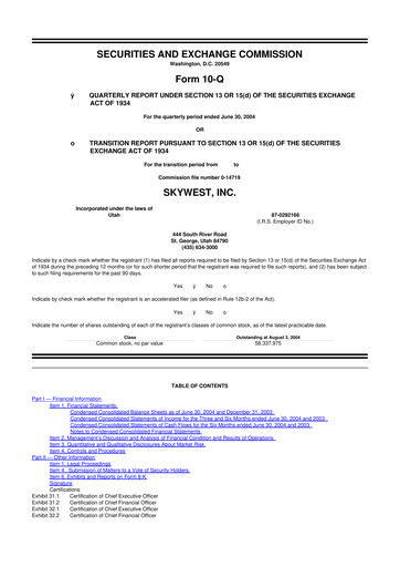Thumbnail SkyWest 10-Q Quarterly Report FY 