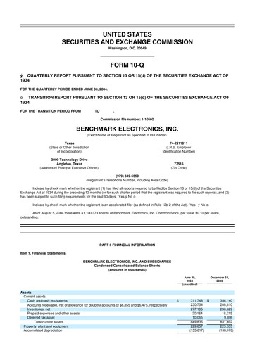 Thumbnail Benchmark Electronics
 10-Q Quarterly Report FY 