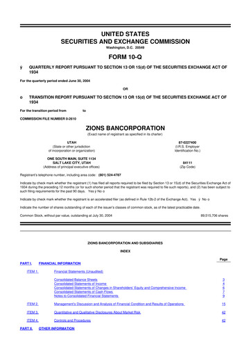 Miniature Zions Bancorporation
 10-Q Rapport trimestriel  