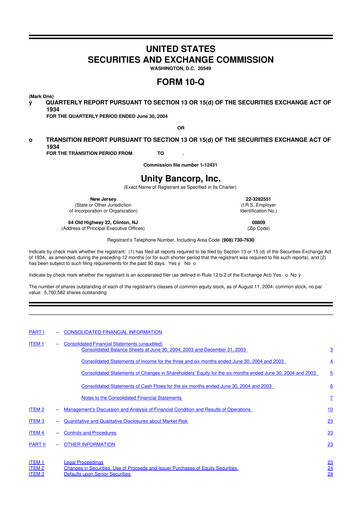 Miniature Unity Bancorp 10-Q Rapport trimestriel  