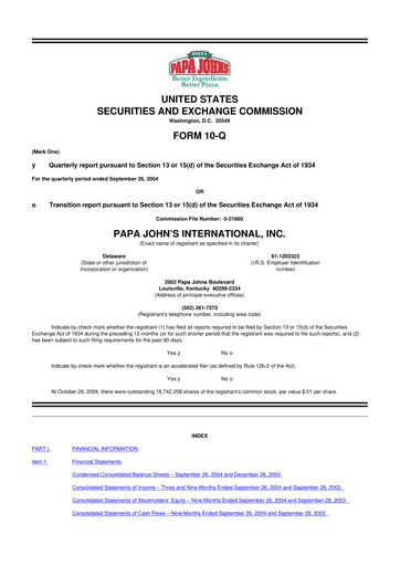 Thumbnail Papa John's Pizza
 10-Q Quarterly Report FY 