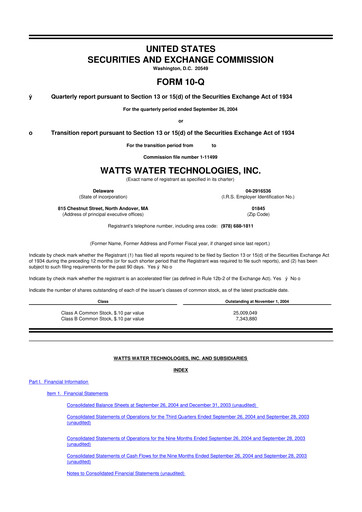 Miniature Watts Water Technologies
 10-Q Rapport trimestriel  