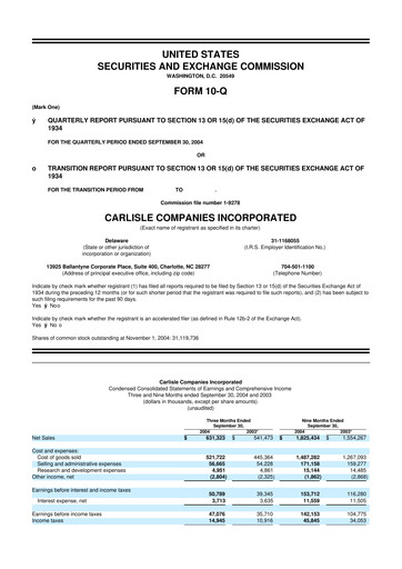 Thumbnail Carlisle Companies
 10-Q Quarterly Report FY 