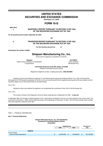 Thumbnail Simpson Manufacturing Company
 10-Q Quarterly Report FY 