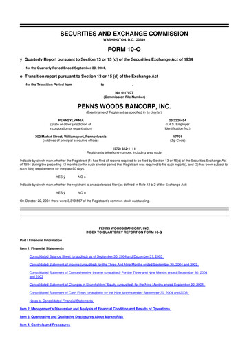 Thumbnail Penns Woods Bancorp 10-Q Quarterly Report FY 