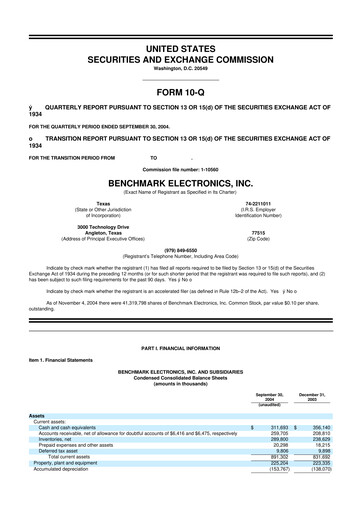 Thumbnail Benchmark Electronics
 10-Q Quarterly Report FY 