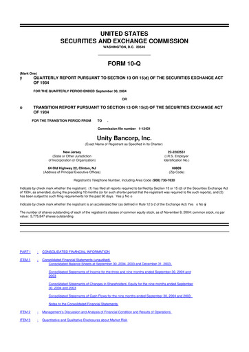 Miniature Unity Bancorp 10-Q Rapport trimestriel  