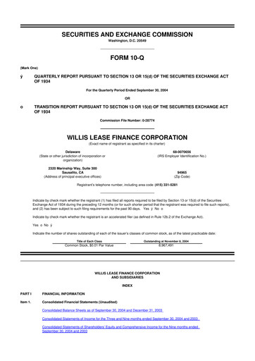 Thumbnail Willis Lease Finance Corporation 10-Q Quarterly Report FY 