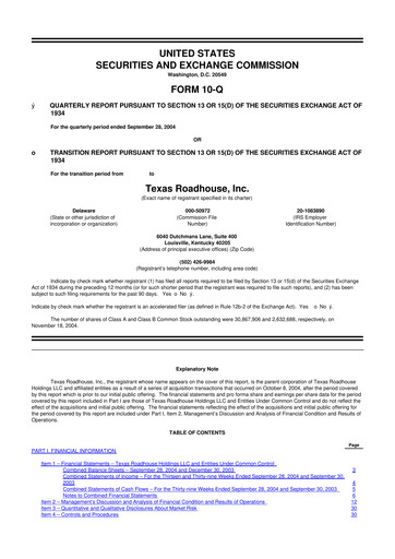 Thumbnail Texas Roadhouse
 10-Q Quarterly Report FY 