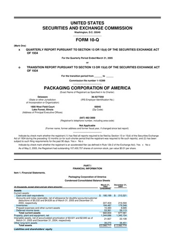 Vorschaubild Packaging Corporation of America
 10-Q Quartalsbericht  