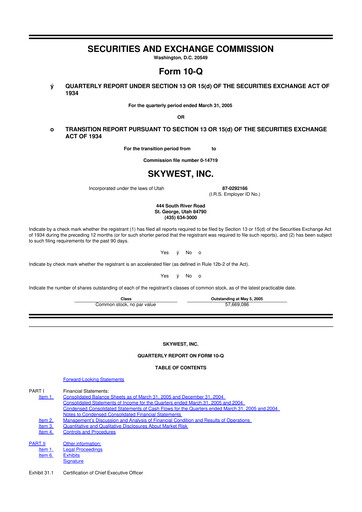 Thumbnail SkyWest 10-Q Quarterly Report FY 