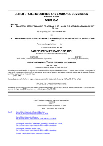 Thumbnail Pacific Premier Bancorp
 10-Q Quarterly Report FY 