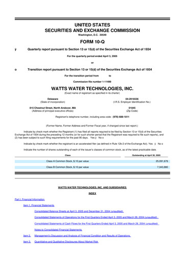 Miniature Watts Water Technologies
 10-Q Rapport trimestriel  