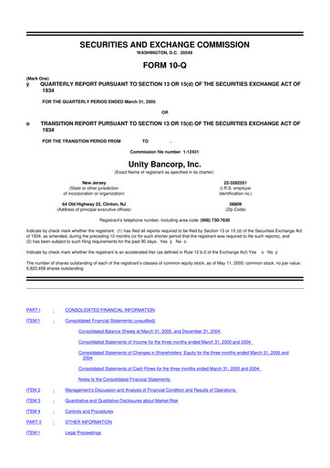 Miniature Unity Bancorp 10-Q Rapport trimestriel  