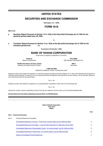 Thumbnail Bank of Hawaii
 10-Q Quarterly Report FY 