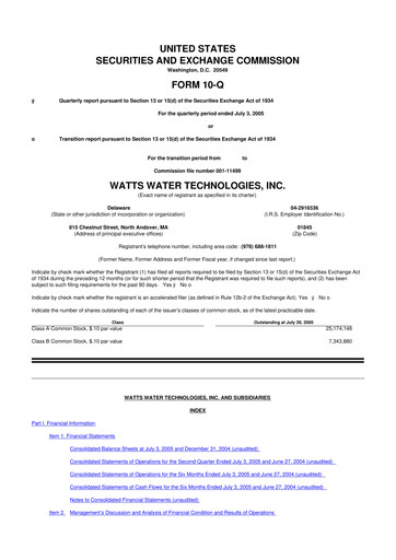 Miniature Watts Water Technologies
 10-Q Rapport trimestriel  