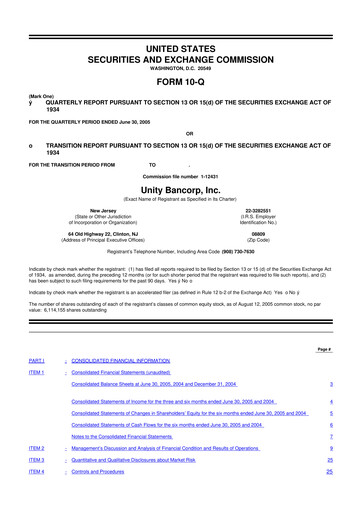 Miniature Unity Bancorp 10-Q Rapport trimestriel  