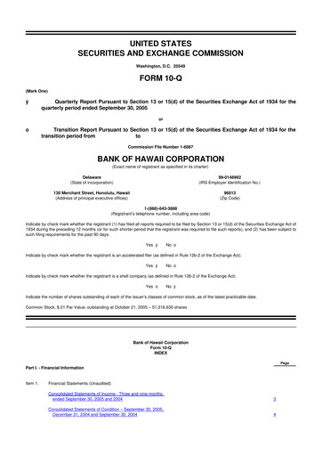 Thumbnail Bank of Hawaii
 10-Q Quarterly Report FY 
