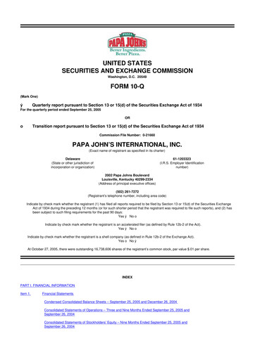 Thumbnail Papa John's Pizza
 10-Q Quarterly Report FY 