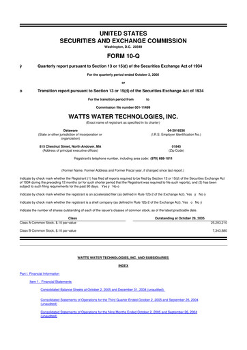 Miniature Watts Water Technologies
 10-Q Rapport trimestriel  