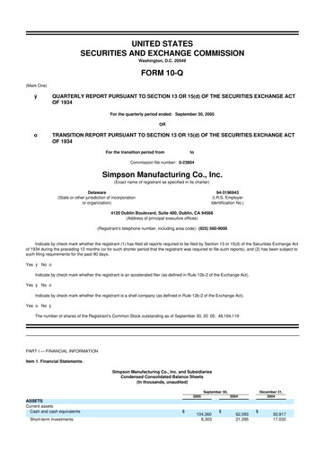 Thumbnail Simpson Manufacturing Company
 10-Q Quarterly Report FY 