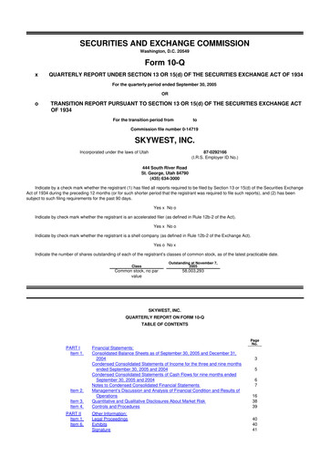 Thumbnail SkyWest 10-Q Quarterly Report FY 