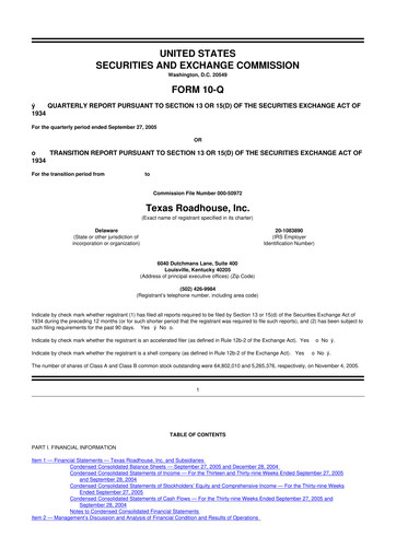Thumbnail Texas Roadhouse
 10-Q Quarterly Report FY 